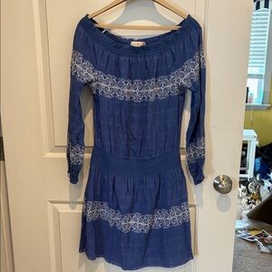 EUC!Tory Burch Blue Long Sleeve Dress with White Embroidered Detailing, M